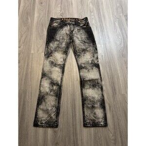 ROCK REVIVAL Wade Alt Straight Denim Jeans Mens 32x34 Black Brown Acid Wash